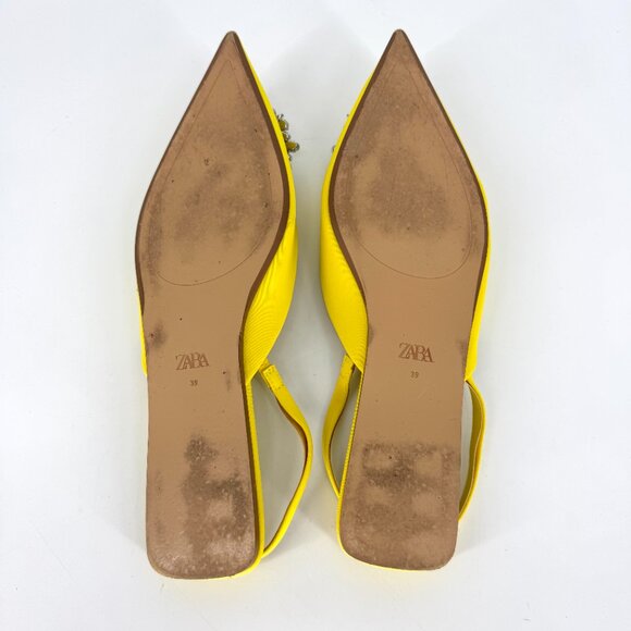 Zara Pointy Toe Slingback Flats with Rhinestone Embellishment Yellow 39 US 8 - Picture 6 of 9